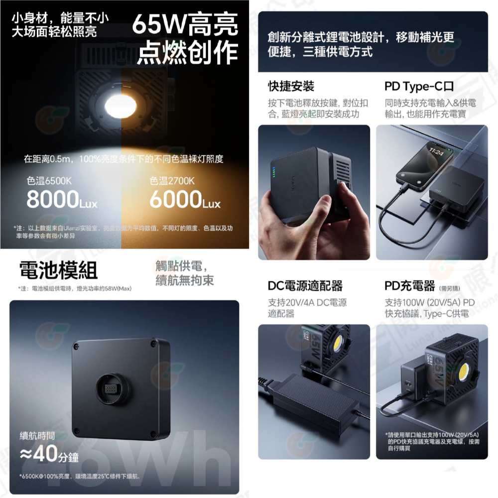 🎇 Ulanzi L184 EC65 小方燈 65W 套裝 COB 雙色溫 Mini保榮卡口 補光燈 持續燈 輕巧-細節圖3