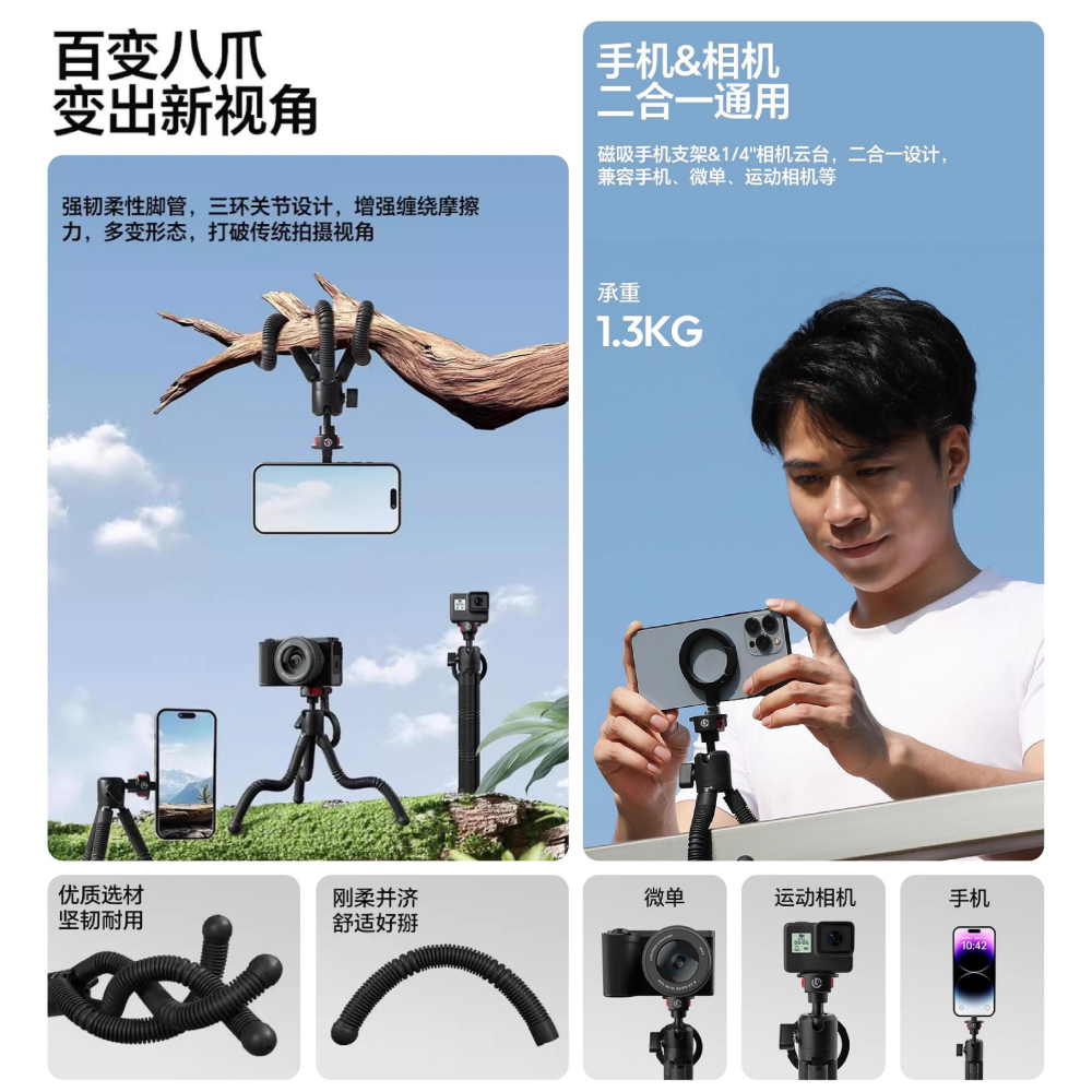 Ulanzi T137 MT30 Magsafe 登山扣章魚三腳架 八爪魚 磁吸手機夾 運動相機架 章魚腳架 磁吸攝影-細節圖5