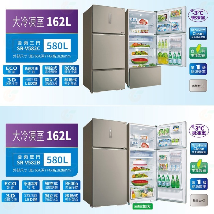 送好禮 含拆箱定位+舊機回收 台灣三洋 SANLUX SR-V582C -3°C微凍室變頻電冰箱 580L 一級能效-細節圖5