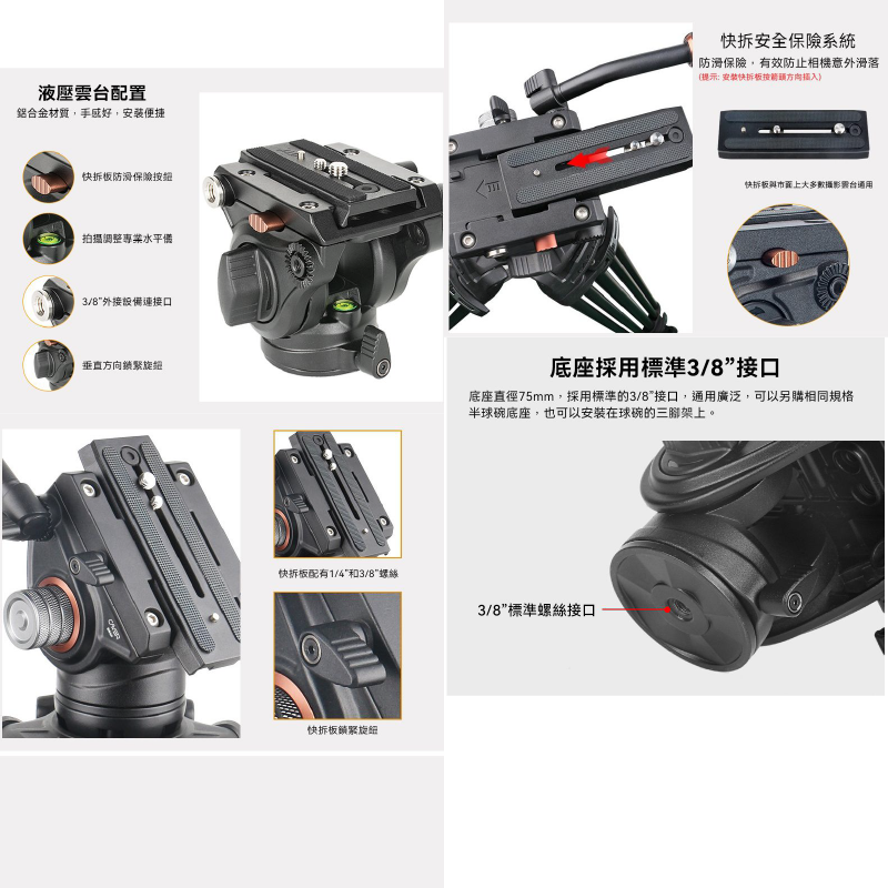 🔥 卡宴 Cayer BF50LH-A 鋁合金双管腳架 H4 液壓雲台 腳架 手把雲台 拍攝 錄影 承重8KG-細節圖4