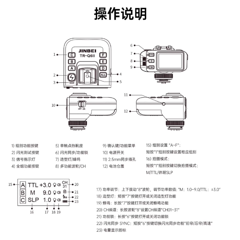 金貝 JINBEI TR-Q6II 複合熱靴 引閃器 發射器 TTL 適用 Canon Nikon 富士 SONY 閃燈-細節圖5