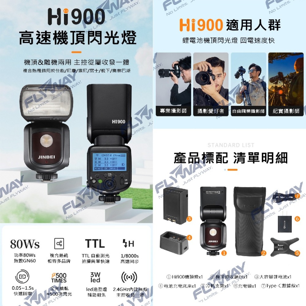 金貝 JINBEI HI-900 複合熱靴機頂閃光燈 TTL 公司貨 機頂閃 Canon Nikon 富士 SONY-細節圖2