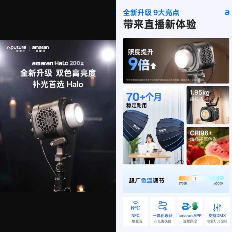 愛圖仕 Aputure amaran halo 200x 雙色溫 補光燈 保榮卡口 便攜 手持 持續燈 攝影燈 直播燈-細節圖2