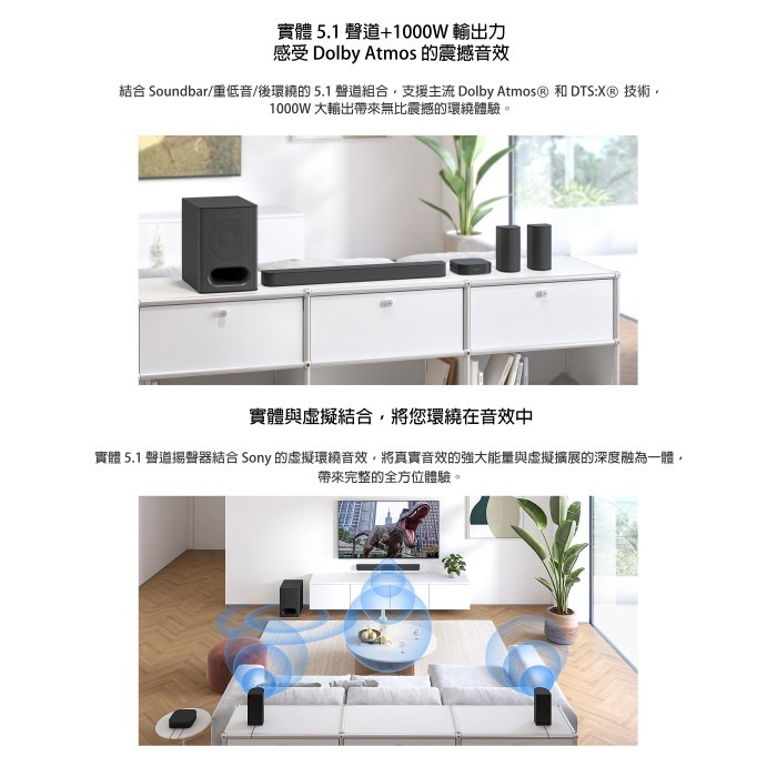 👍全新品出清特價 SONY HT-S60 多件式 環繞家庭劇院 藍芽音響 公司貨 5.1聲道 重低音 1000W大輸出-細節圖2