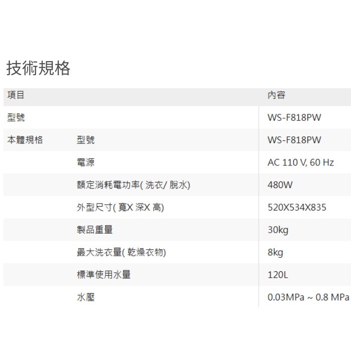 含拆箱定位+舊機回收 CHIMEI 奇美家電 WS-F818PW 8KG定頻 上掀式 直立式洗衣機 租屋族 套房 小家-細節圖5