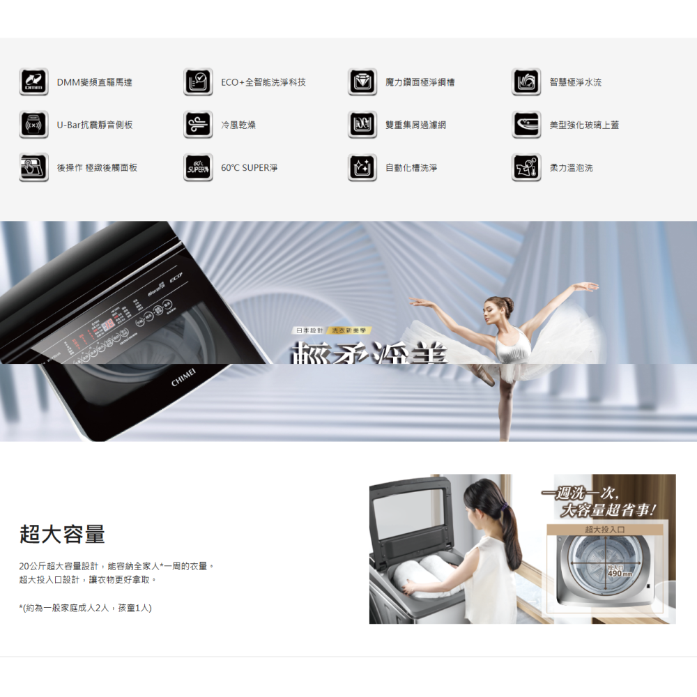 含拆箱定位+舊機回收 奇美家電 CHIMEI WS-P20LVS 變頻 直立式洗衣機 單槽 20KG 洗被單-細節圖2