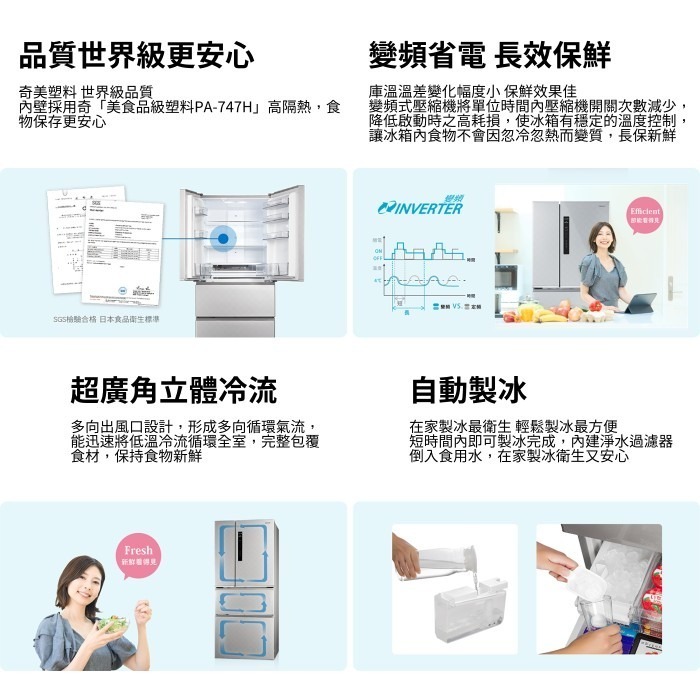 含拆箱定位+舊機回收 奇美家電 CHIMEI UR-P61VD9 變頻 四門電冰箱 610L 自動除霜 大容量 大家庭-細節圖2