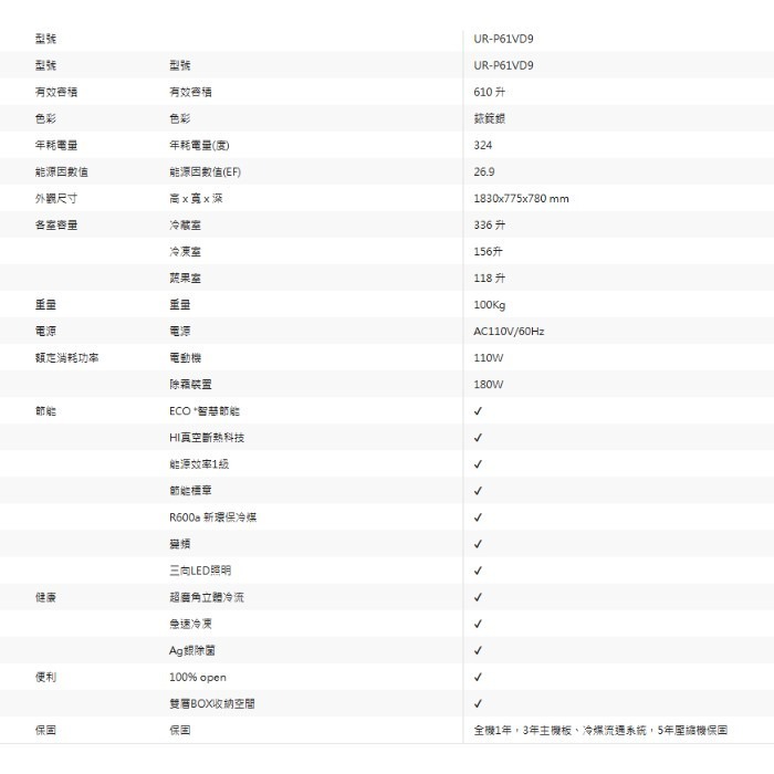含拆箱定位+舊機回收 奇美家電 CHIMEI UR-P61VD9 變頻 四門電冰箱 610L 自動除霜 大容量 大家庭-細節圖6