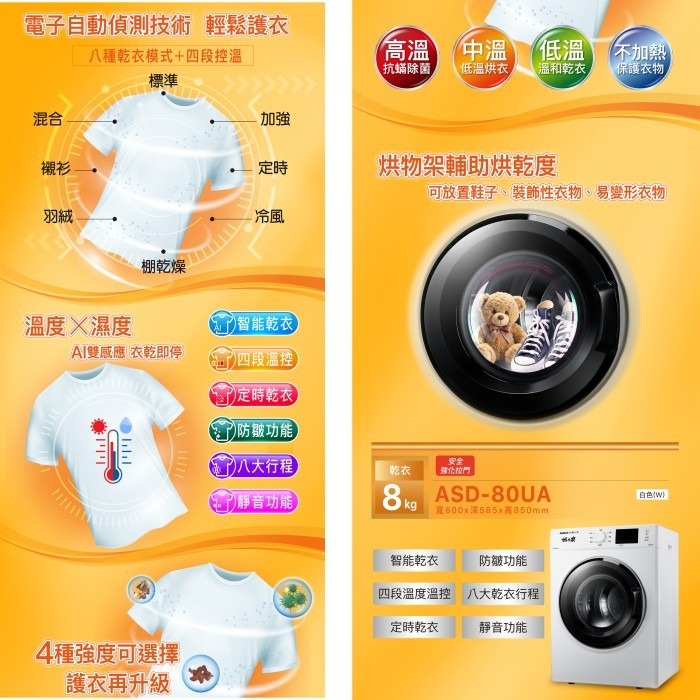 含拆箱定位 台灣三洋 SANLUX ASD-80UA 定頻 8kg 電子式乾衣機 PTC半導體 電熱式 梅雨季-細節圖3