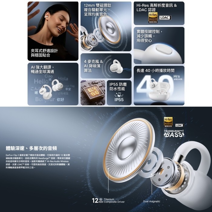 EarFun Clip 2 開放式耳夾藍牙耳機 公司貨 AI翻譯 LDAC Hi-Res 藍牙6.0 長續航 IP55-細節圖2
