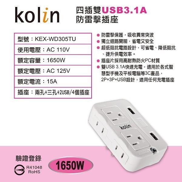 kolin四插雙USB3.1A防雷擊插座 usb 插座 快充USB雙快充 插座 四插分接式插座 壁插 分接插座-細節圖2