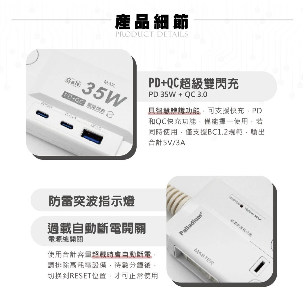 限量特賣~ 延長線 USB 氮化鎵延長線 快充延長線 快充 手機 充電 四開三插 PD QC 充電器 BSMI驗証合格-細節圖3