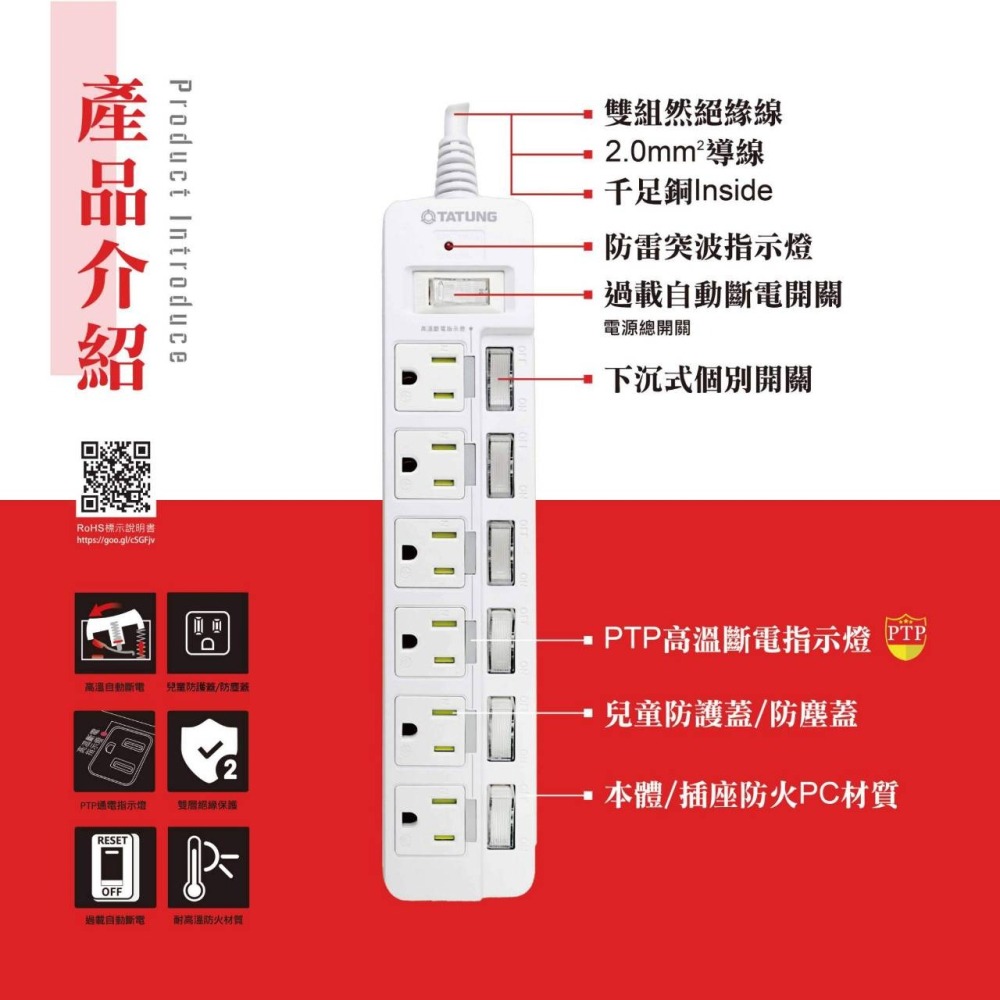 現貨 延長線 USB快充延長線 大同 PTP高溫斷電延長線  4開3插 7開6插 3P 電源插座 壁插 TATUNG-細節圖4