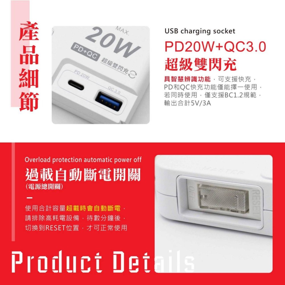 現貨 延長線 USB快充延長線 大同 PTP高溫斷電延長線  4開3插 7開6插 3P 電源插座 壁插 TATUNG-細節圖8