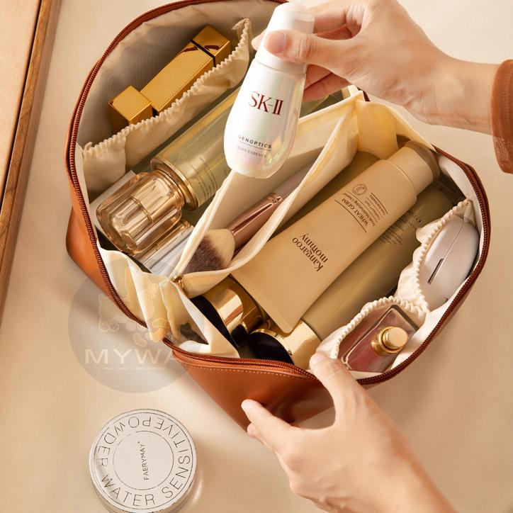 MyWa™️經典奶油色系貝殼化妝包 盥洗包 化妝品收納包 PU皮革 出國旅行必備-細節圖2