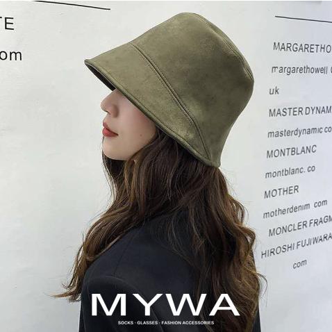 MyWa™️日系新款麂皮絨漁夫帽女 遮臉秋冬水桶帽純色百搭女生帽子 H59-細節圖5