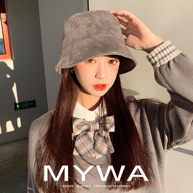 MyWa™️日系新款麂皮絨漁夫帽女 遮臉秋冬水桶帽純色百搭女生帽子 H59-細節圖6