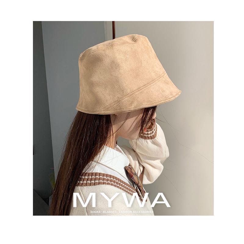 MyWa™️日系新款麂皮絨漁夫帽女 遮臉秋冬水桶帽純色百搭女生帽子 H59-細節圖7