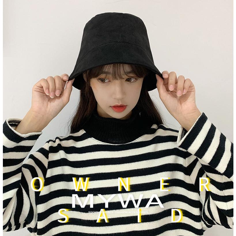 MyWa™️日系新款麂皮絨漁夫帽女 遮臉秋冬水桶帽純色百搭女生帽子 H59-細節圖8