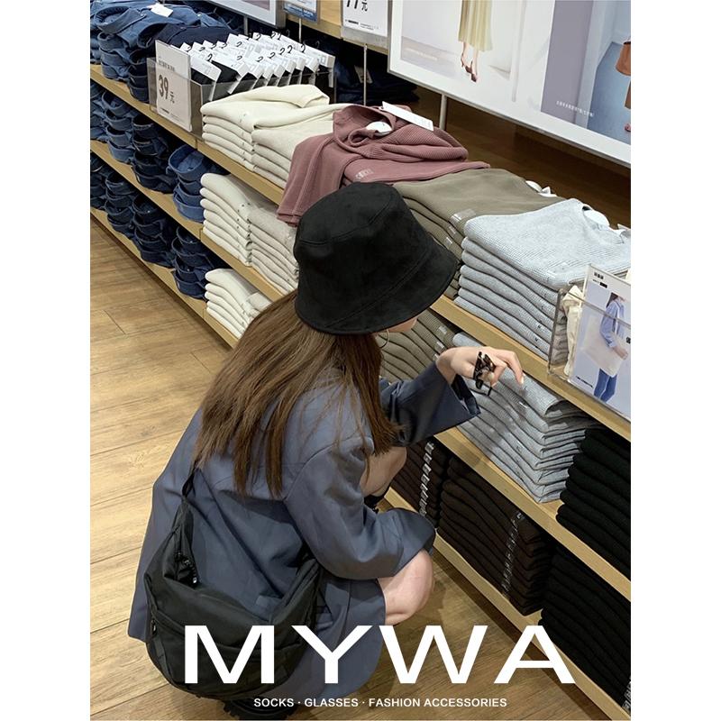 MyWa™️日系新款麂皮絨漁夫帽女 遮臉秋冬水桶帽純色百搭女生帽子 H59-細節圖9