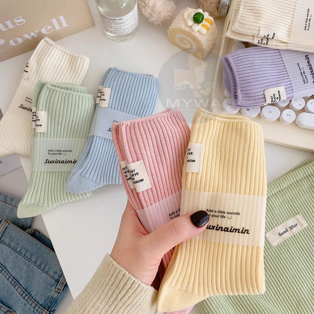 MyWa™️經典熱銷款馬卡龍女生長襪 中筒襪 捲捲襪 素色百搭舒適透氣W65-細節圖3