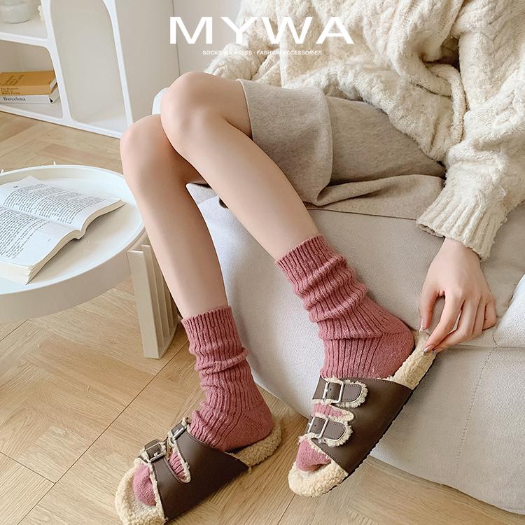 MyWa™️女生襪子系列 冬季加絨加厚羊毛襪 女士純色堆堆襪 針織襪 保暖襪 W04-細節圖3