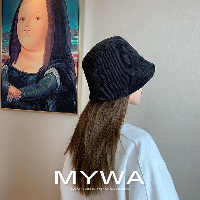 MyWa™️細膩柔軟燈芯絨漁夫帽子女秋冬韓版百搭復古水桶盆帽 H56-細節圖2