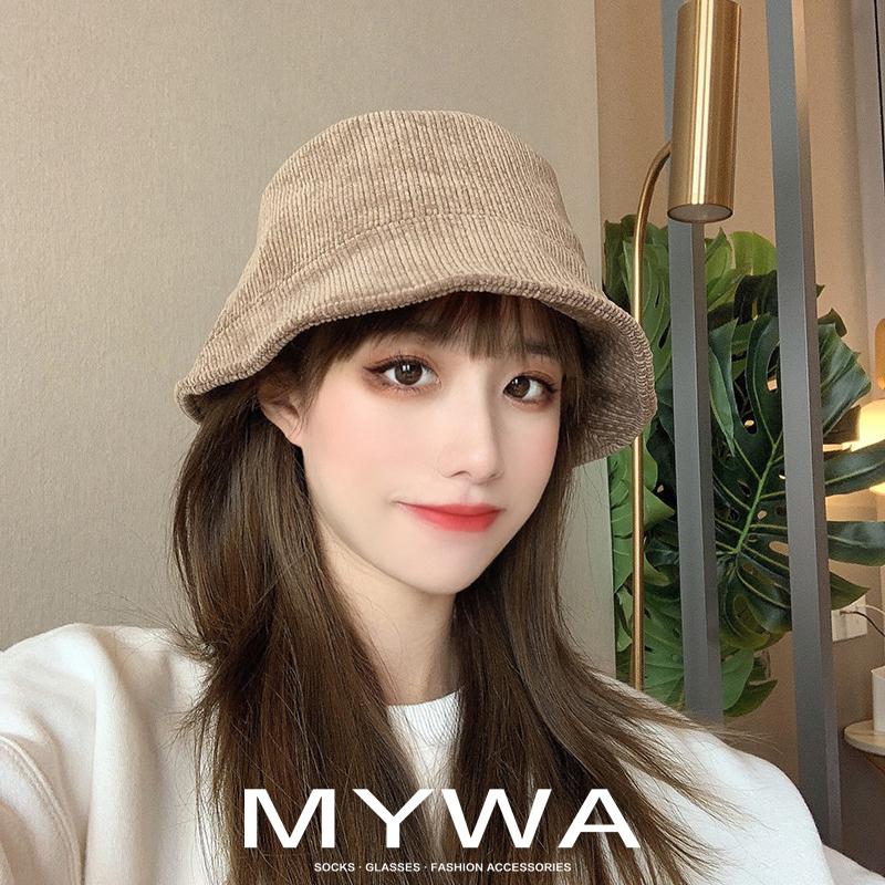 MyWa™️細膩柔軟燈芯絨漁夫帽子女秋冬韓版百搭復古水桶盆帽 H56-細節圖3