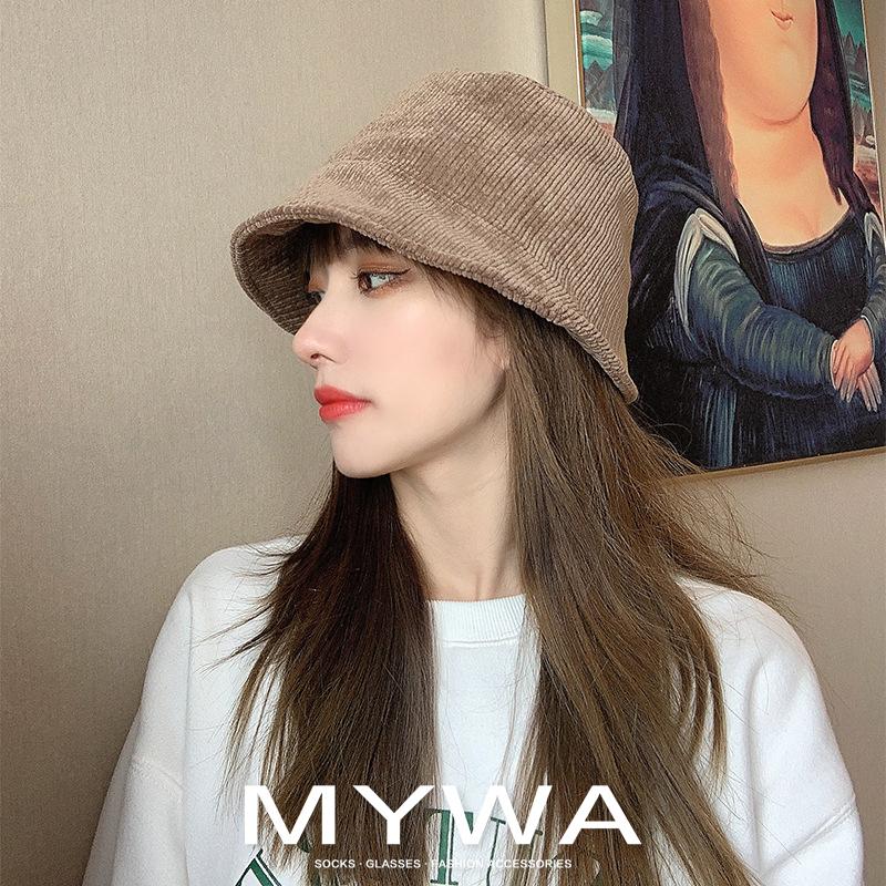 MyWa™️細膩柔軟燈芯絨漁夫帽子女秋冬韓版百搭復古水桶盆帽 H56-細節圖4