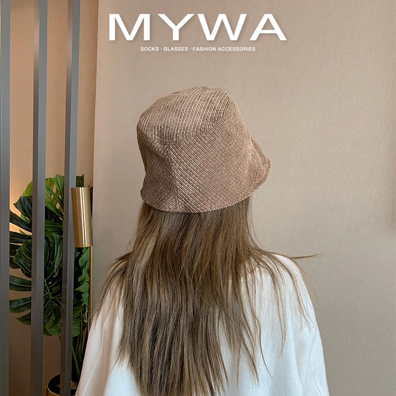 MyWa™️細膩柔軟燈芯絨漁夫帽子女秋冬韓版百搭復古水桶盆帽 H56-細節圖6