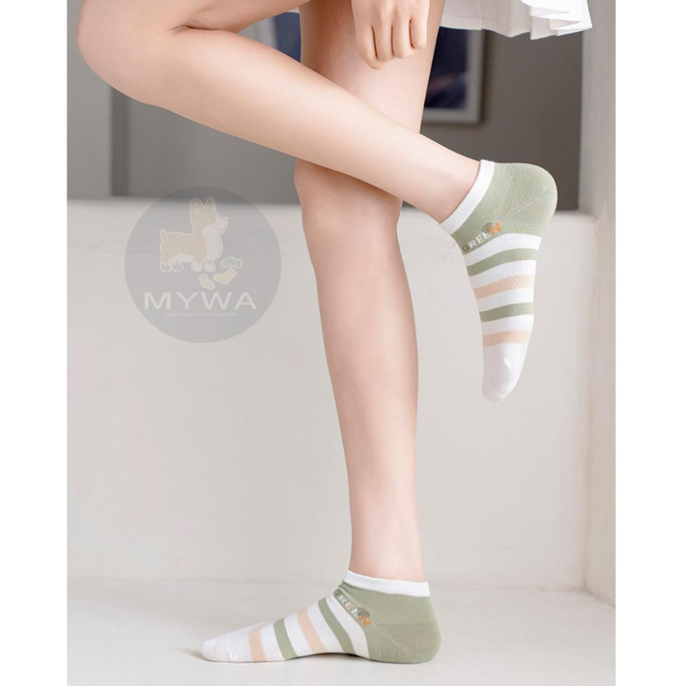 MyWa™️森林色日系短襪 綠色女襪系列 薄底船型襪 小花線條紋 W68-細節圖3