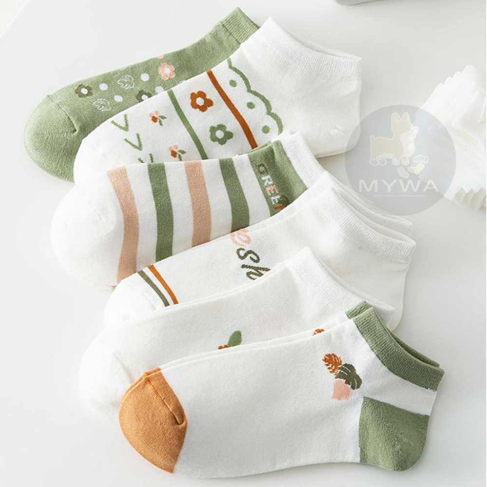 MyWa™️森林色日系短襪 綠色女襪系列 薄底船型襪 小花線條紋 W68-細節圖4