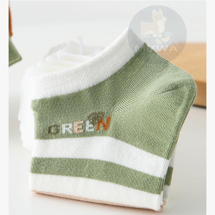 MyWa™️森林色日系短襪 綠色女襪系列 薄底船型襪 小花線條紋 W68-細節圖5