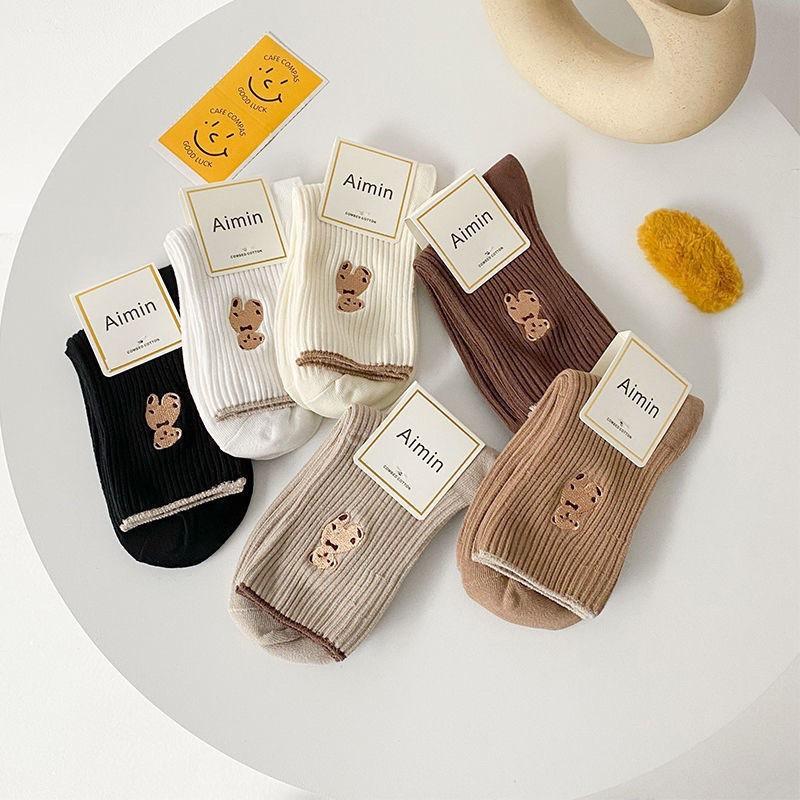 MyWa™️女生襪子系列 秋冬可愛小熊刺繡長襪 保暖中筒襪 韓系時尚ins潮流 W56-細節圖2