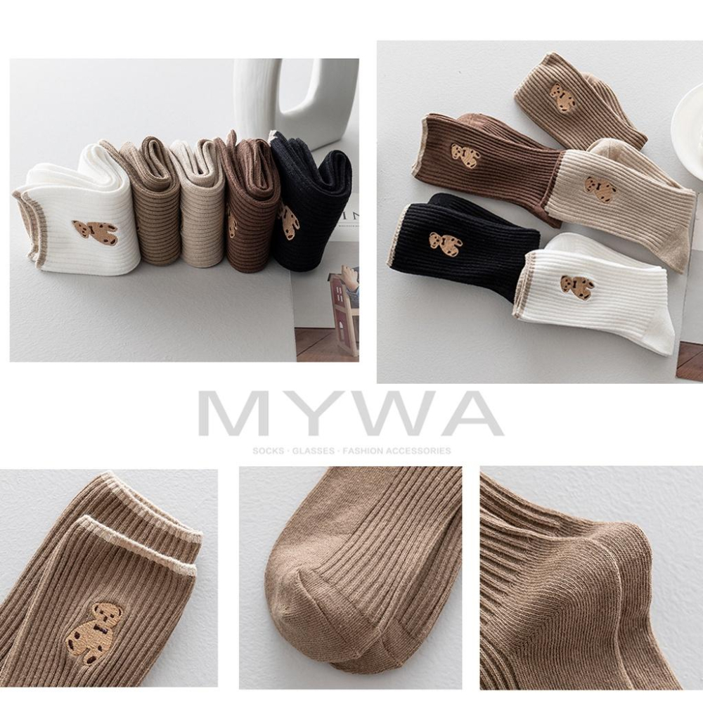 MyWa™️女生襪子系列 秋冬可愛小熊刺繡長襪 保暖中筒襪 韓系時尚ins潮流 W56-細節圖4