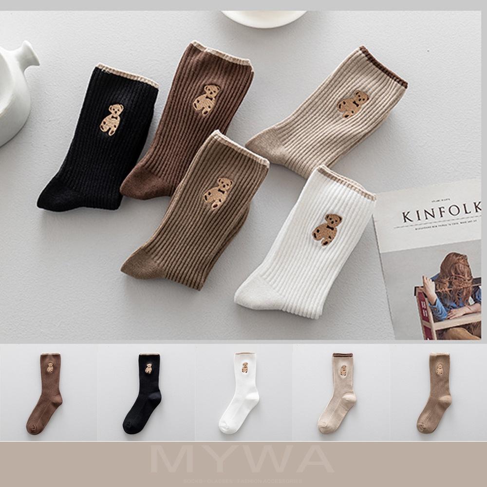MyWa™️女生襪子系列 秋冬可愛小熊刺繡長襪 保暖中筒襪 韓系時尚ins潮流 W56-細節圖6