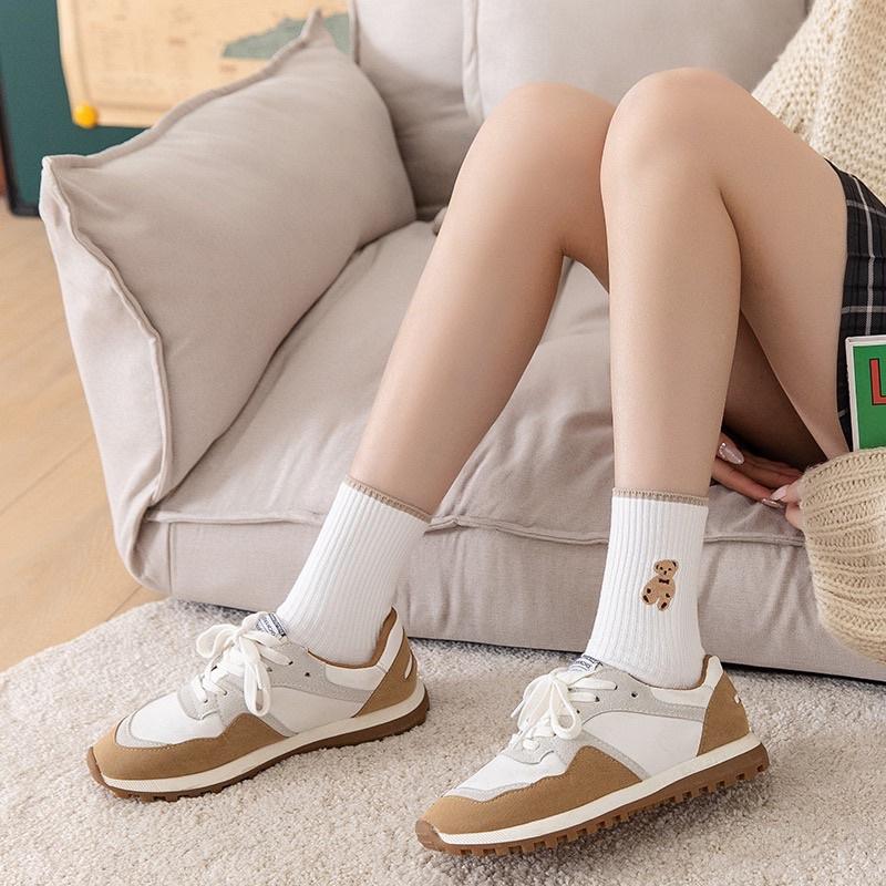 MyWa™️女生襪子系列 秋冬可愛小熊刺繡長襪 保暖中筒襪 韓系時尚ins潮流 W56-細節圖8