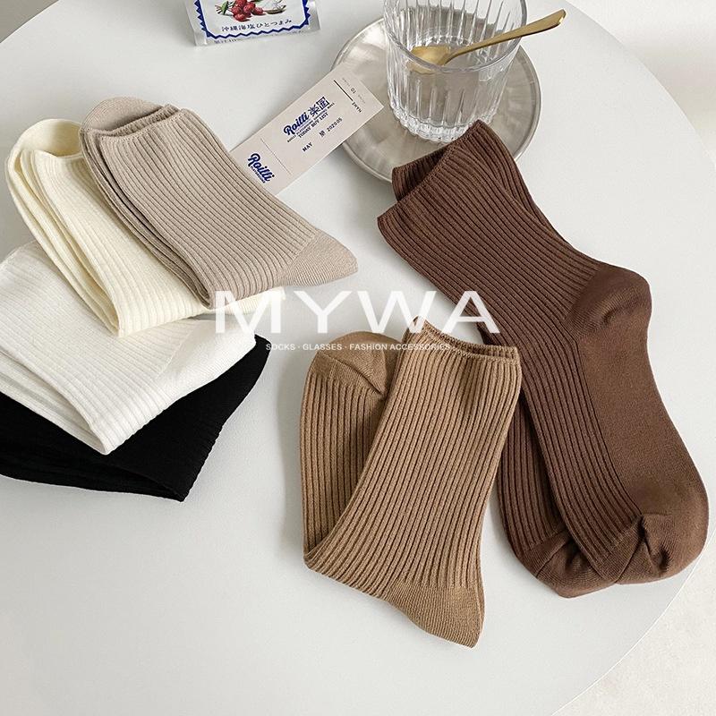 MyWa™️經典咖啡牛奶色日系女生長襪 中筒純色棉襪 學院風百搭時尚襪子 W54-細節圖3