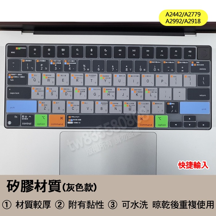 Macbook pro A2442 A2779 A2992 A2918 快捷 快捷鍵 輸入 鍵盤膜 鍵盤套 鍵盤保護膜-細節圖3