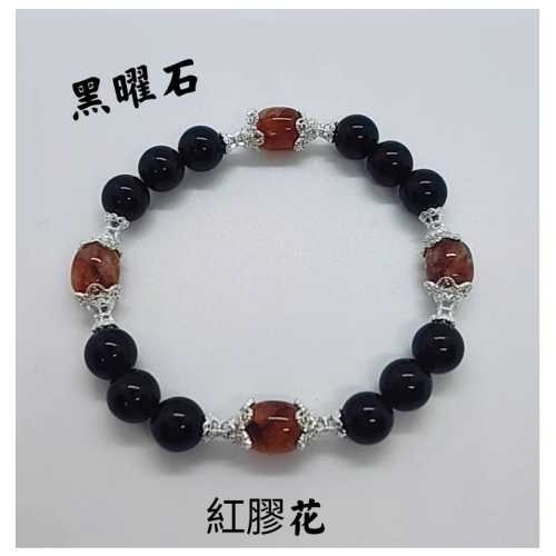 天然水晶手鍊 黑曜石 紅膠花 避邪擋煞 淨化負能量 招財 招貴人 助桃花 手串 手鍊-細節圖3