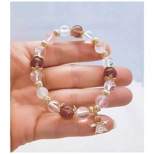 天然水晶手鍊 草莓晶 白水晶 小樹膠花 招桃花 提升個人魅力 提升運勢 招財 招貴人 招人緣 手串 手鍊-細節圖4