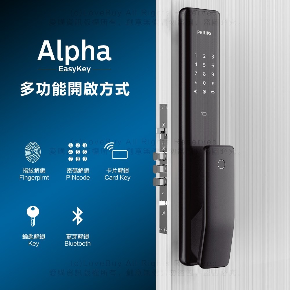 PHILIPS飛利浦 ALPHA推拉式電子鎖(指紋/卡片/密碼/鑰匙/藍芽)(附基本安裝)-細節圖2