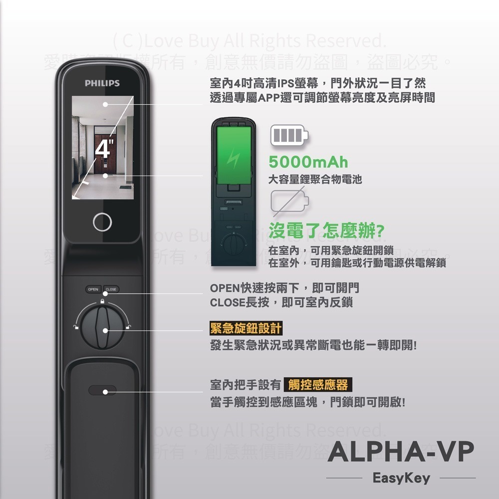 PHILIPS飛利浦 ALPHA-VP 可視推拉式電子鎖(指紋/卡片/密碼/鑰匙/遠端密碼)(附基本安裝)-細節圖6