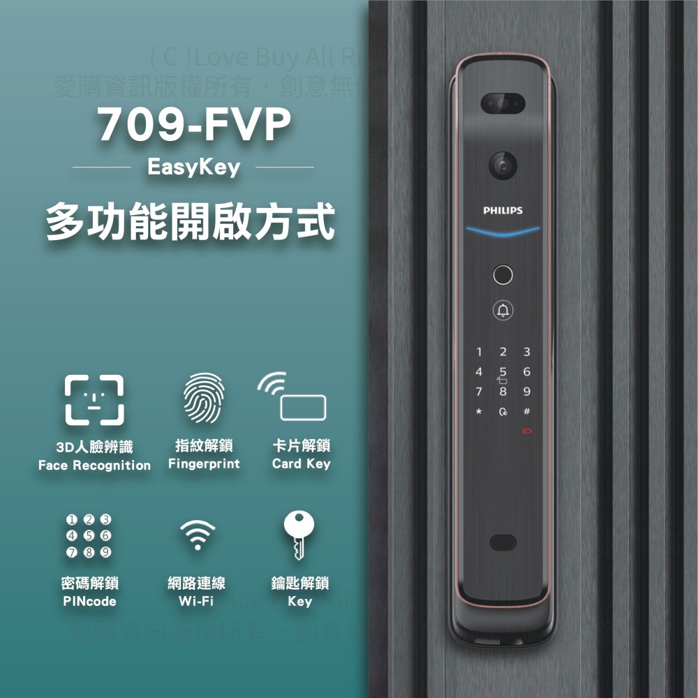 PHILIPS飛利浦709-FVP推拉式電子鎖(人臉辨識/貓眼螢幕/指紋/卡片/密碼/鑰匙/Wi-Fi)(附基本安裝)-細節圖2