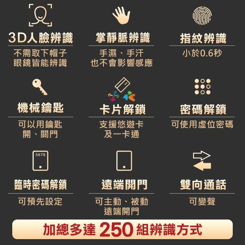 台熱牌推拉式電子鎖F1(掌靜脈/人臉/指紋/密碼/卡片/鑰匙/APP遠端/雙向通話)(附基本安裝)-細節圖3