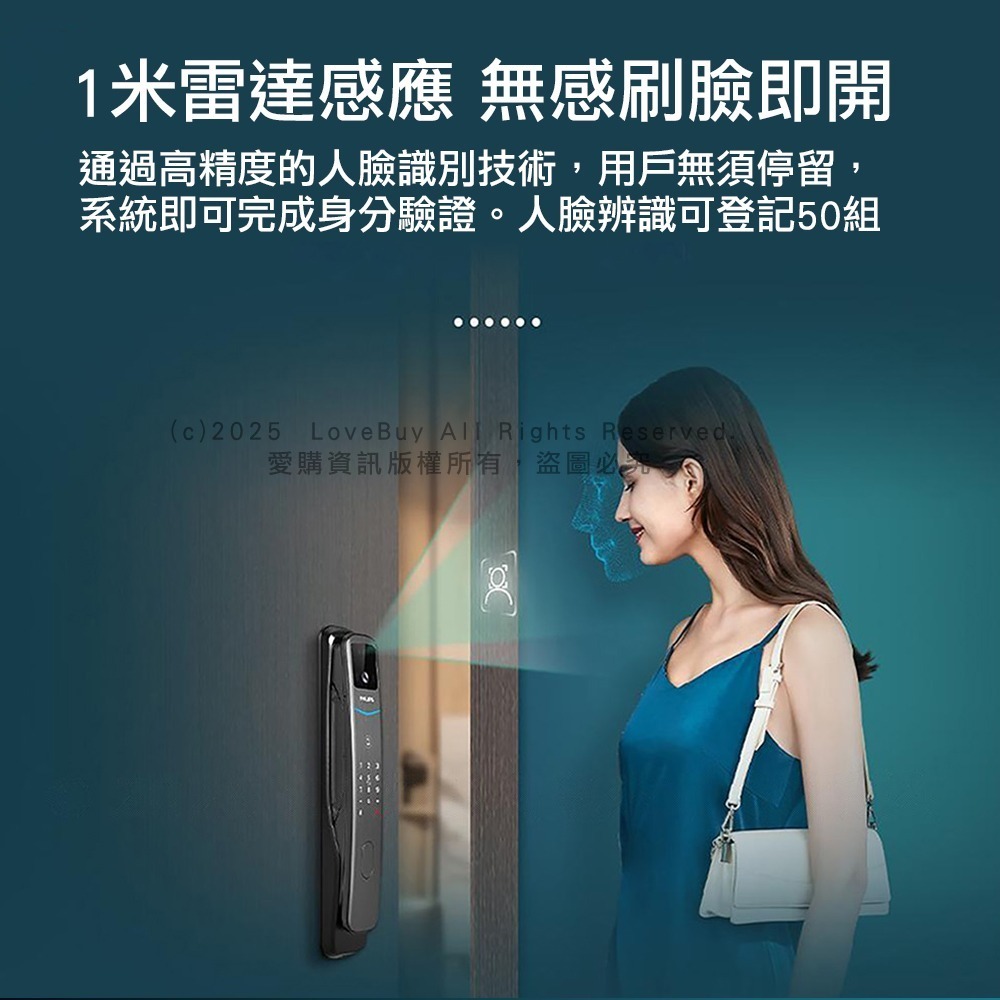 PHILIPS飛利浦 702-FVP推拉式電子鎖(人臉辨識/貓眼螢幕/指紋/卡片/密碼/鑰匙/Wi-Fi)(附基本安裝)-細節圖3
