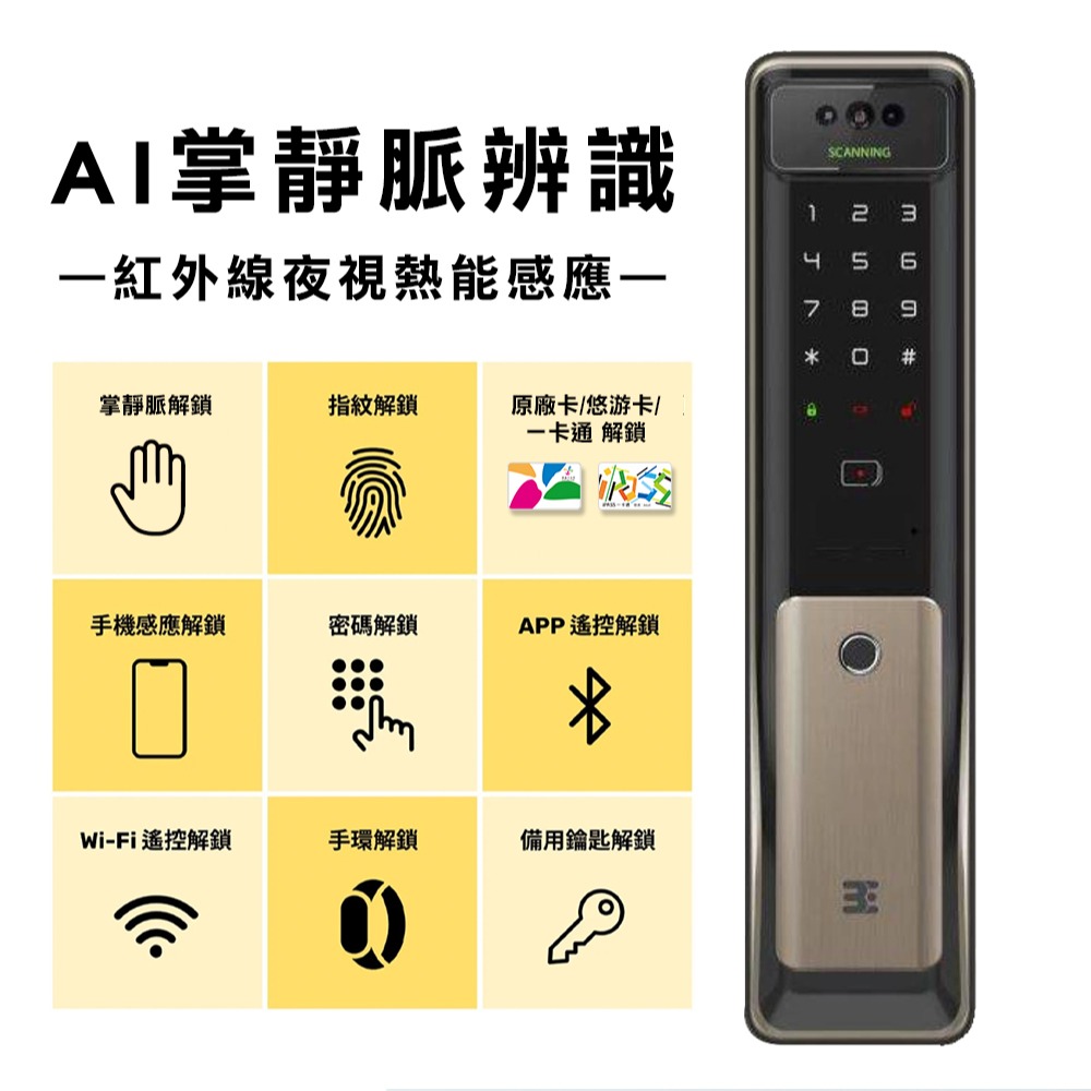 3E小島快鎖T9 PLUS+推拉式電子鎖(掌靜脈/密碼/卡片/鑰匙/指紋/遠端)(附基本安裝)-細節圖2