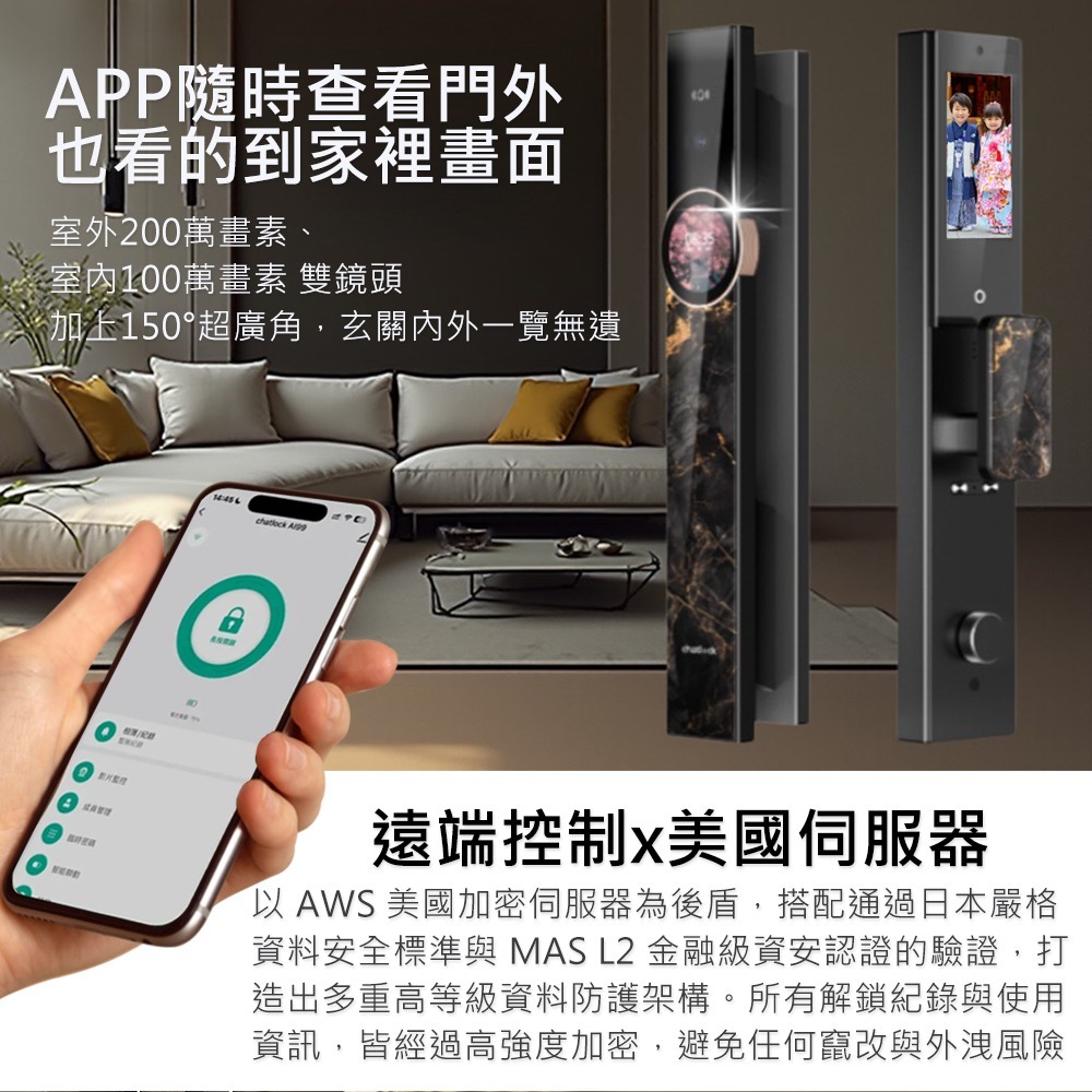 Chatlock AI99日本製推拉式電子鎖(人臉/掌靜脈/密碼/卡片/鑰匙/指紋/主動貓眼)(附基本安裝)-細節圖4
