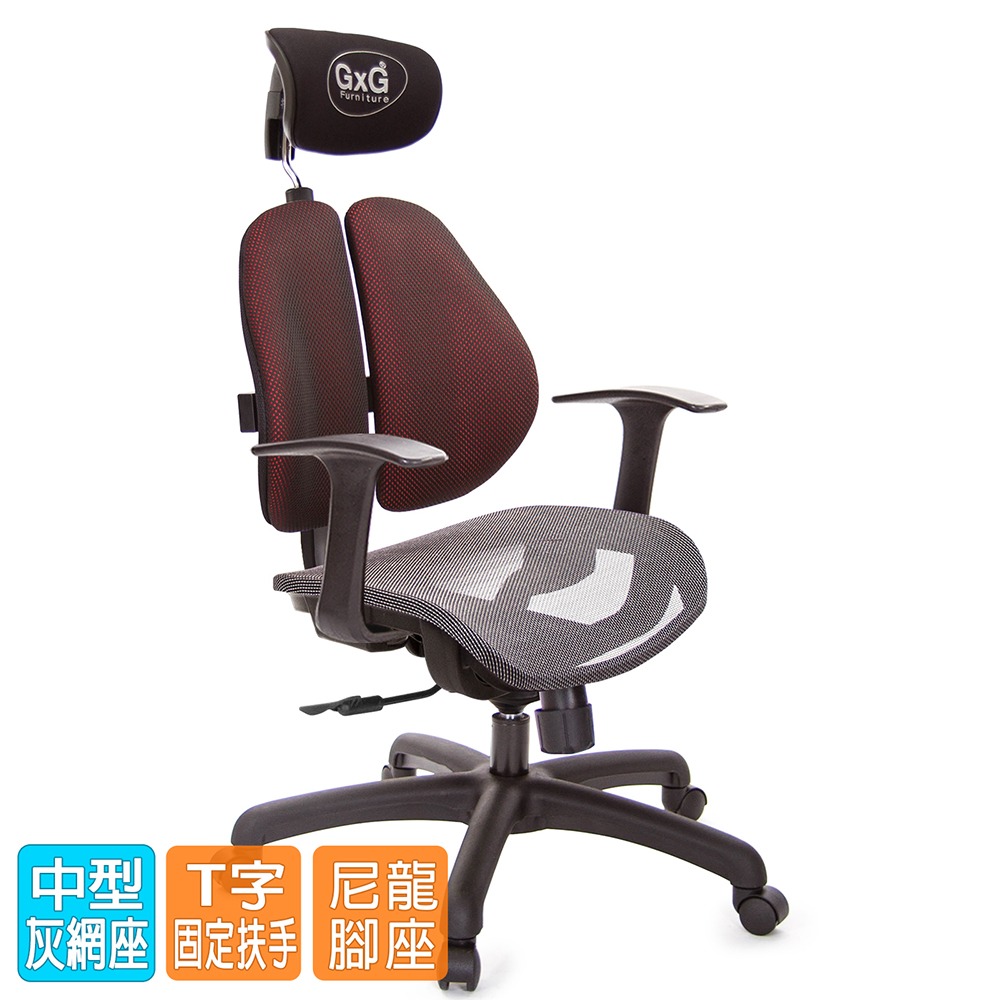 GXG 雙軸枕 雙背電腦椅(T字扶手) 中灰網座 型號2704 EA-細節圖2