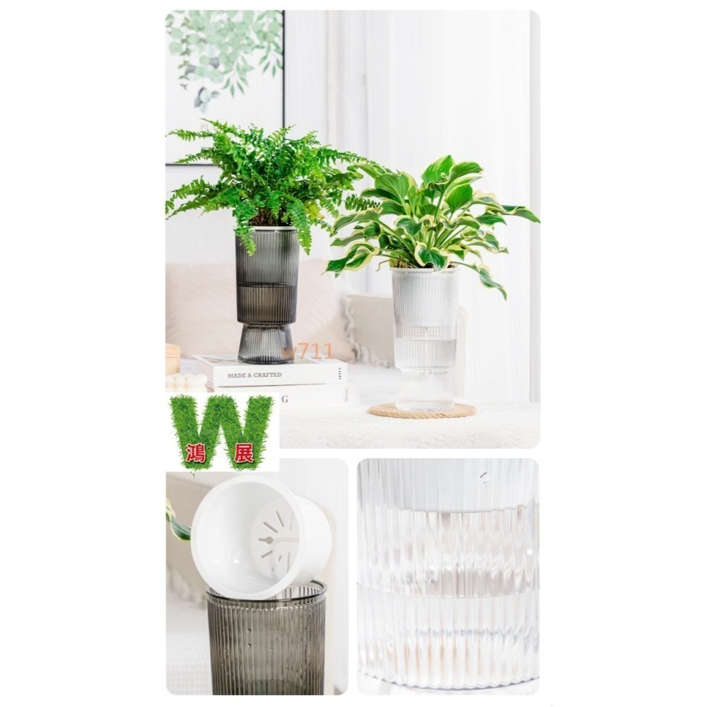 W711鴻展 土培 水培二用 自動吸水 透明 竪紋 獎杯款 花盆 透明款 圓型 花盆 花瓶 北歐風 仿玻璃透明度-細節圖2